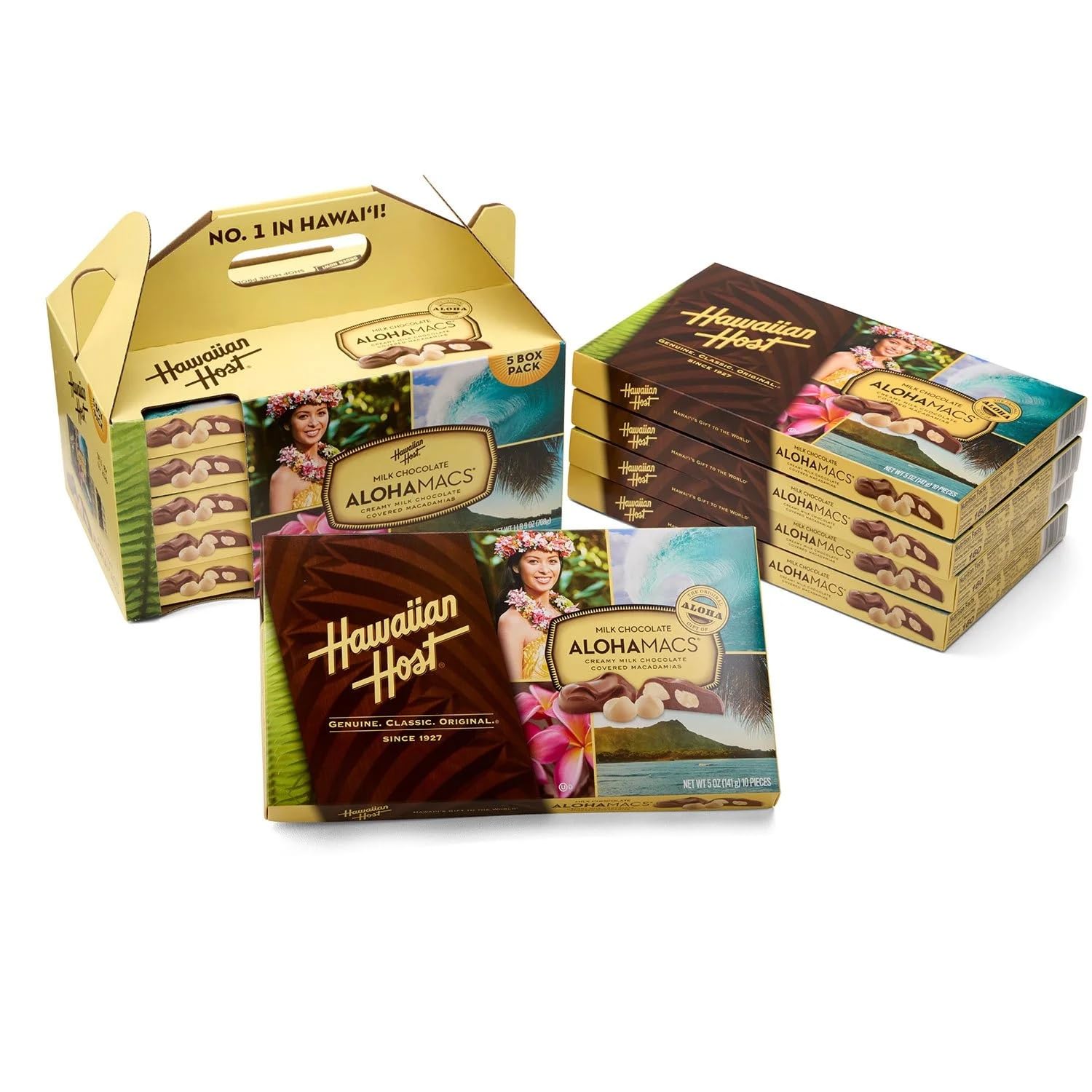 Hawaiian Host AlohaMacs milk chocolate macadamias in gift box ready for sharing.