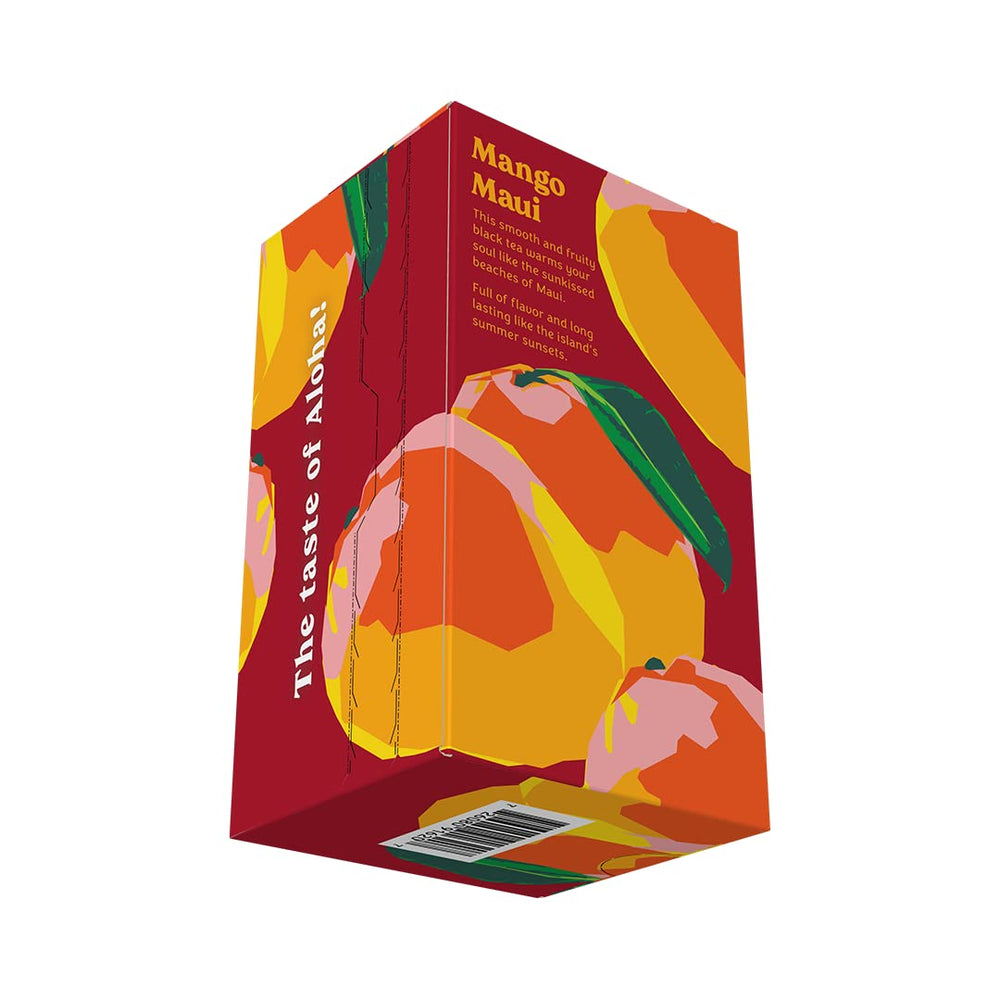 Mango Maui Black Tea bags close-up showing rich leaves for quick, flavorful brew