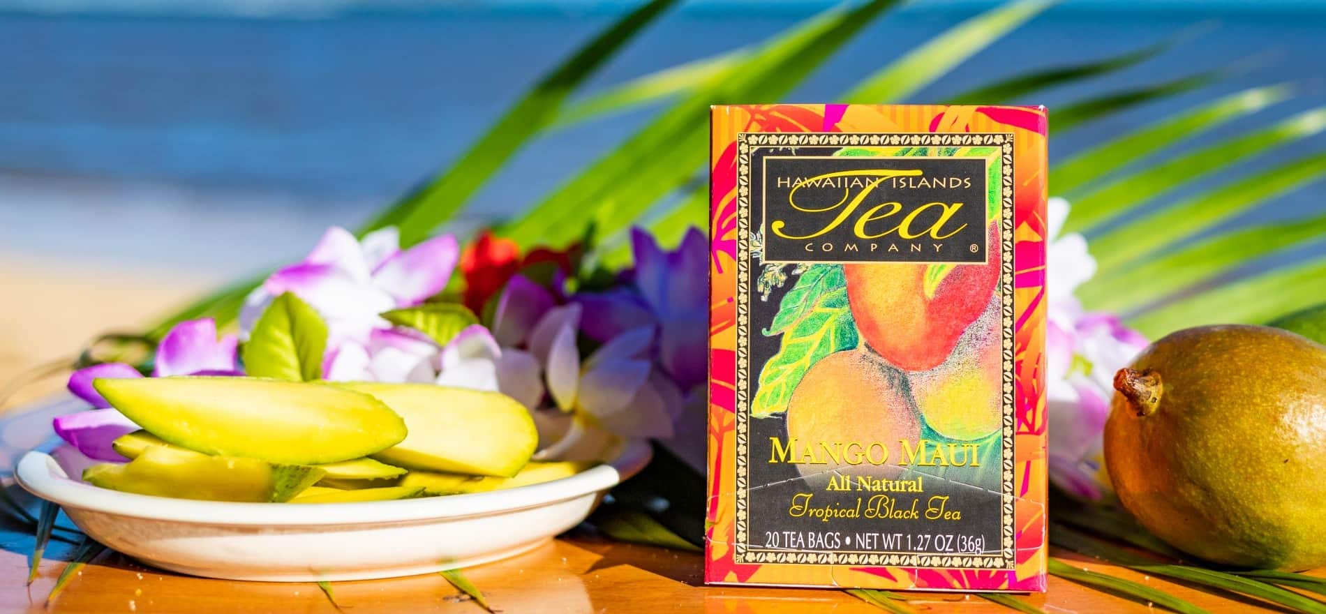 Hawaiian Islands Tea Company Mango Maui Black Tea dried leaves close-up highlight tropical aroma