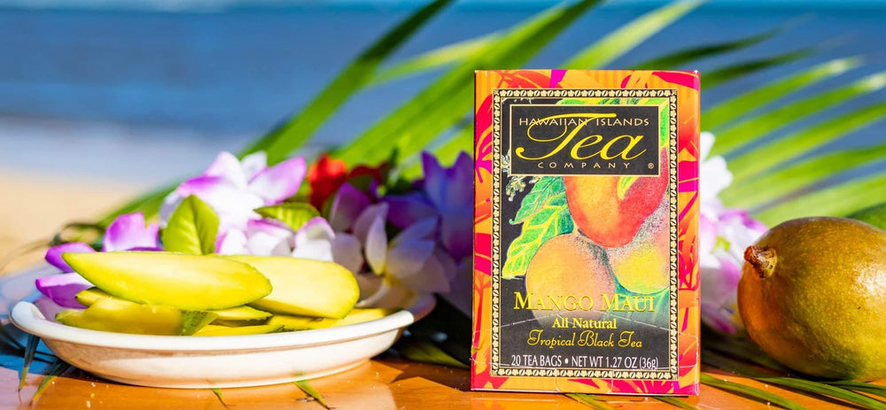 Hawaiian Islands Tea Company Mango Maui Black Tea dried leaves close-up highlight tropical aroma