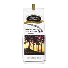 Hawaiian Isles Vanilla Bean Macadamia bag shows premium Arabica beans for a smooth, aromatic brew.