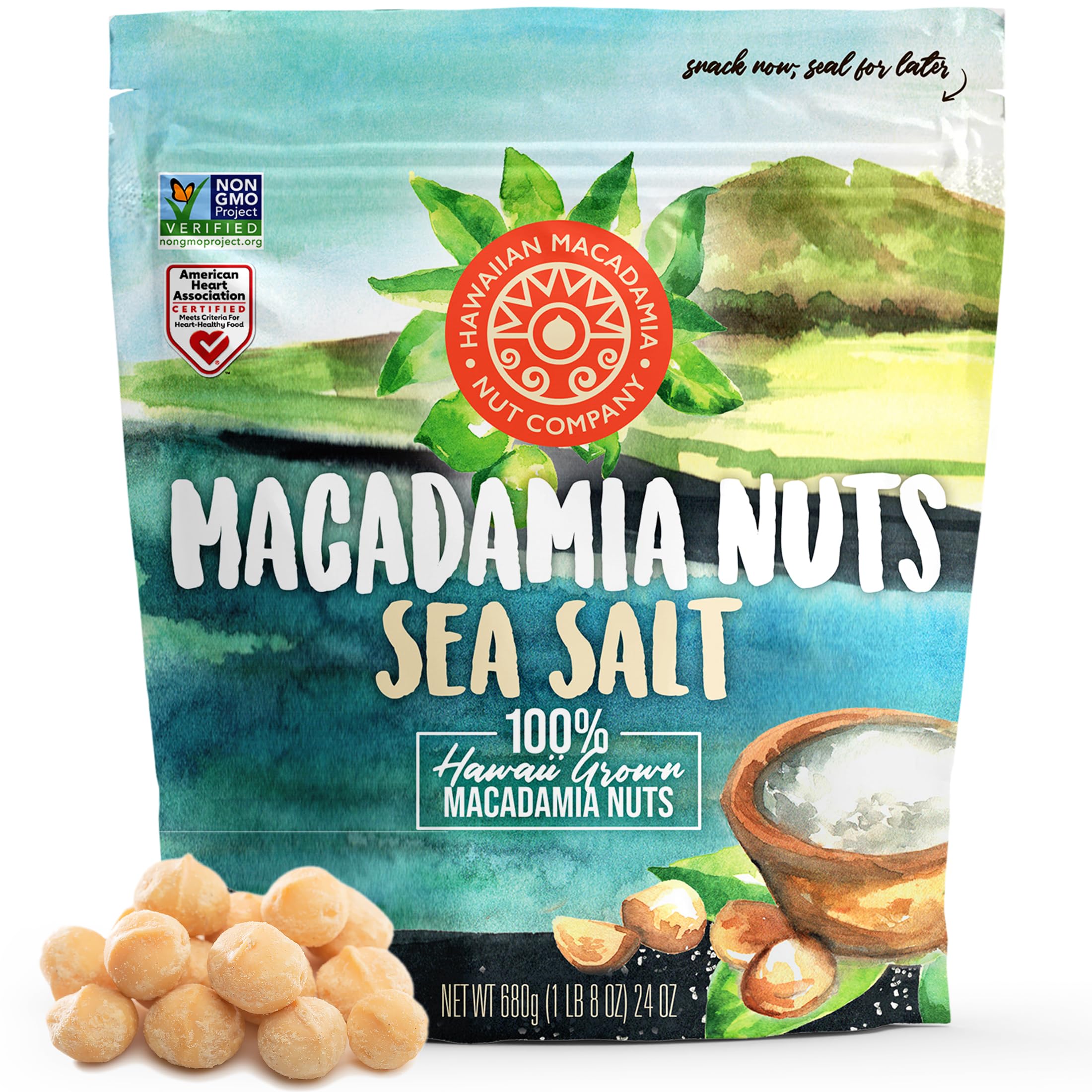 Hawaiian Macadamia Nut Company dry roasted macadamias with sea salt in a resealable bag