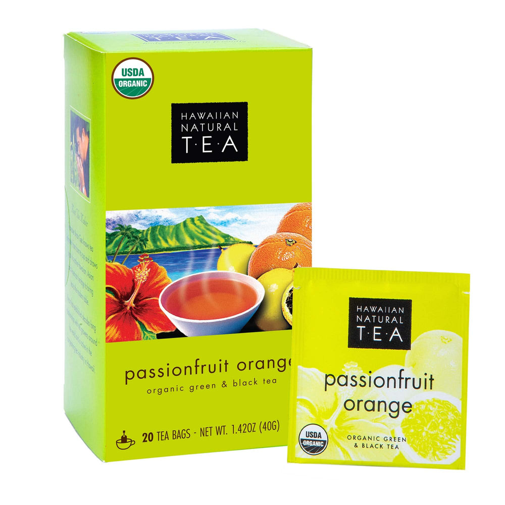 HAWAIIAN NATURAL T·E·A passion-fruit-orange-tea bags for a refreshing, fruity daily cup.
