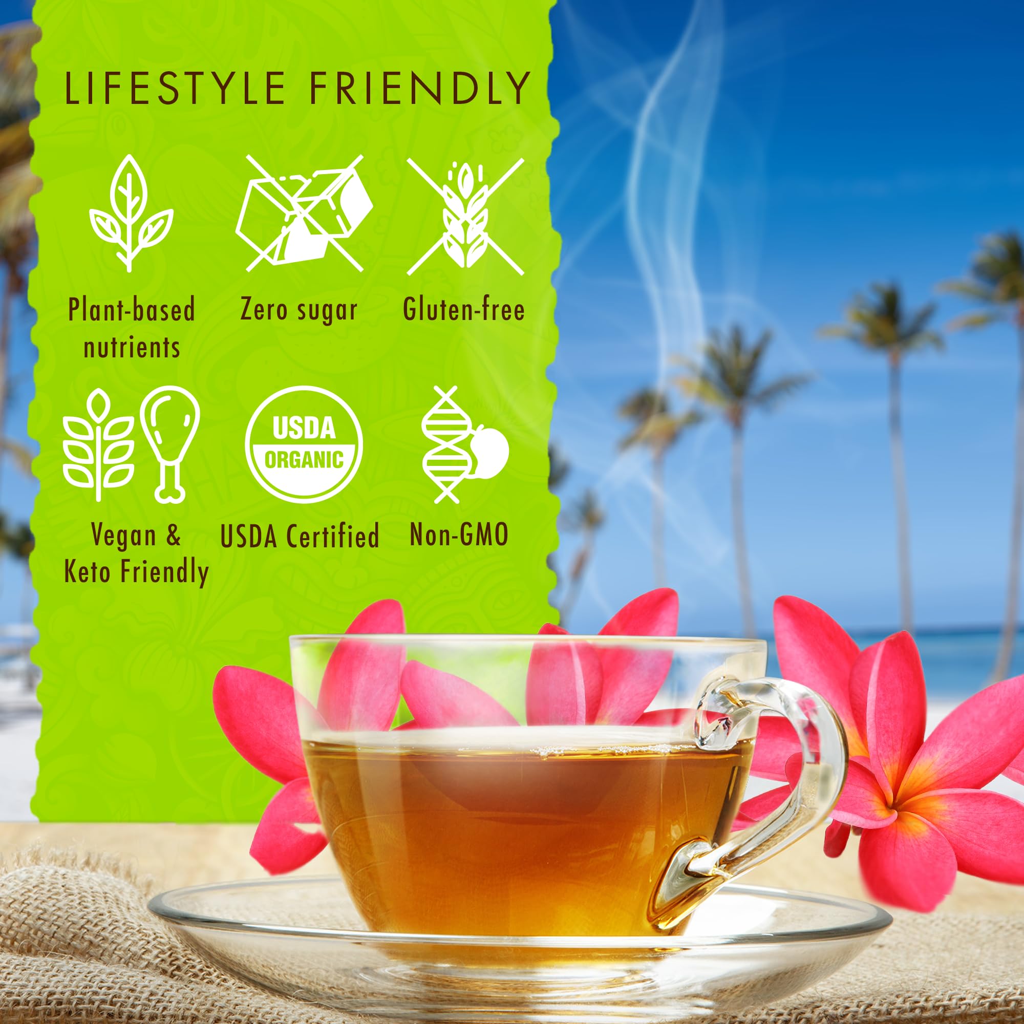 HAWAIIAN NATURAL T·E·A steeping-kettle scene suggesting easy, flavorful infusion.