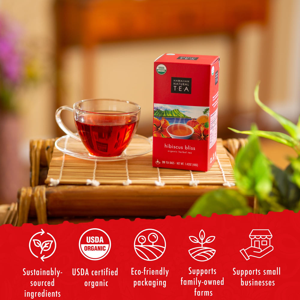 Pouring Hawaiian Natural Tea Hibiscus Bliss, a smooth, fruity aroma