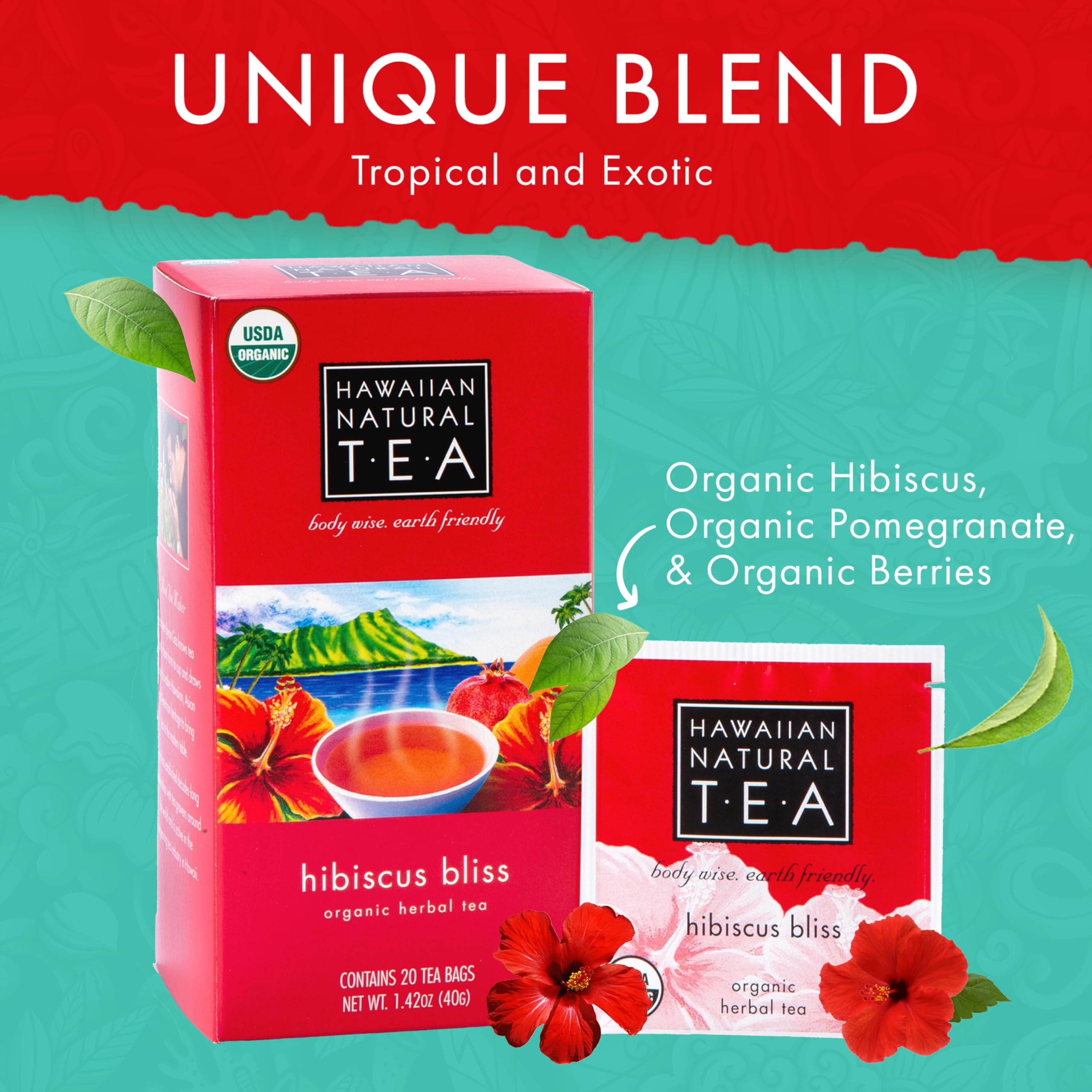 Steam rising from Hawaiian Natural Tea Hibiscus Bliss cup, caffeine-free refreshment