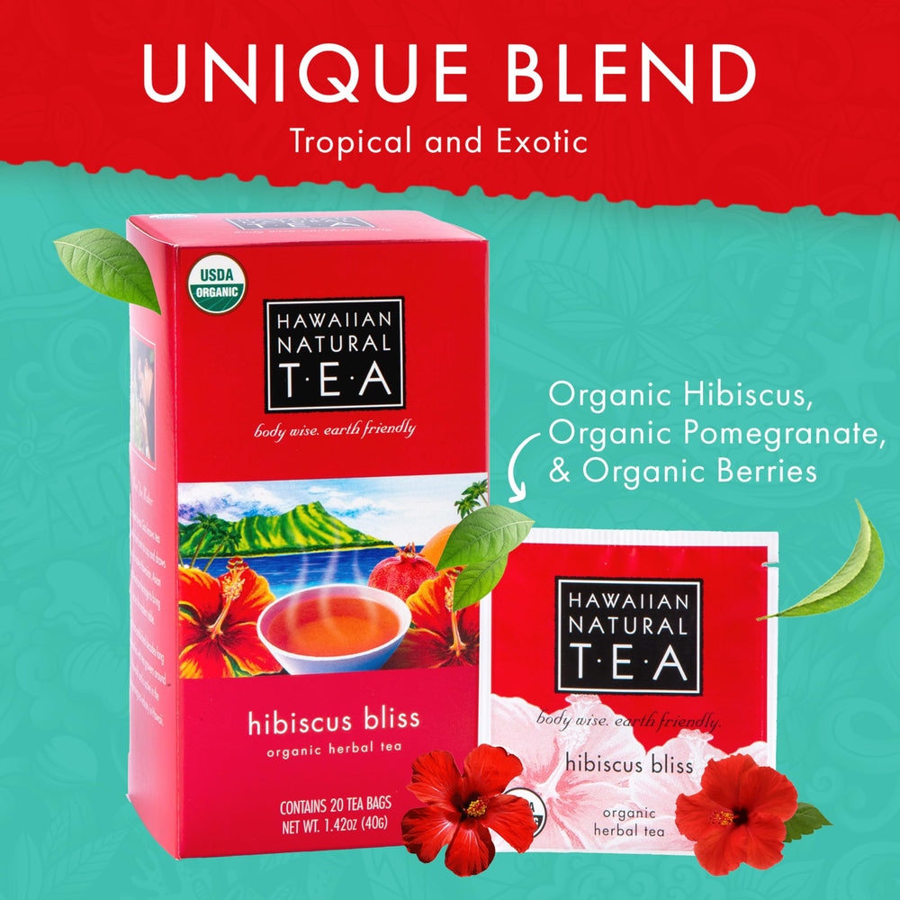 Steam rising from Hawaiian Natural Tea Hibiscus Bliss cup, caffeine-free refreshment