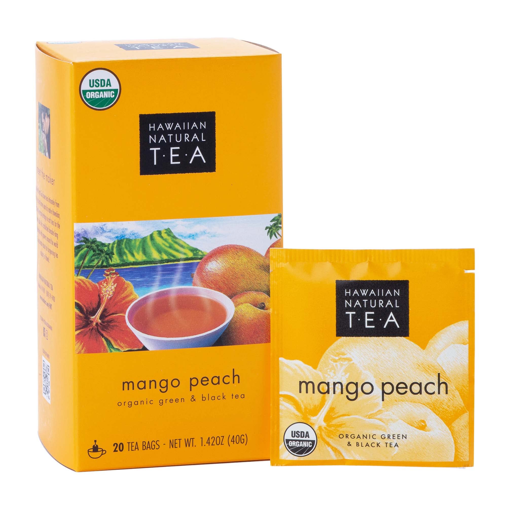 Hawaiian Natural Tea mango peach tea bags ready for a balanced daily brew.