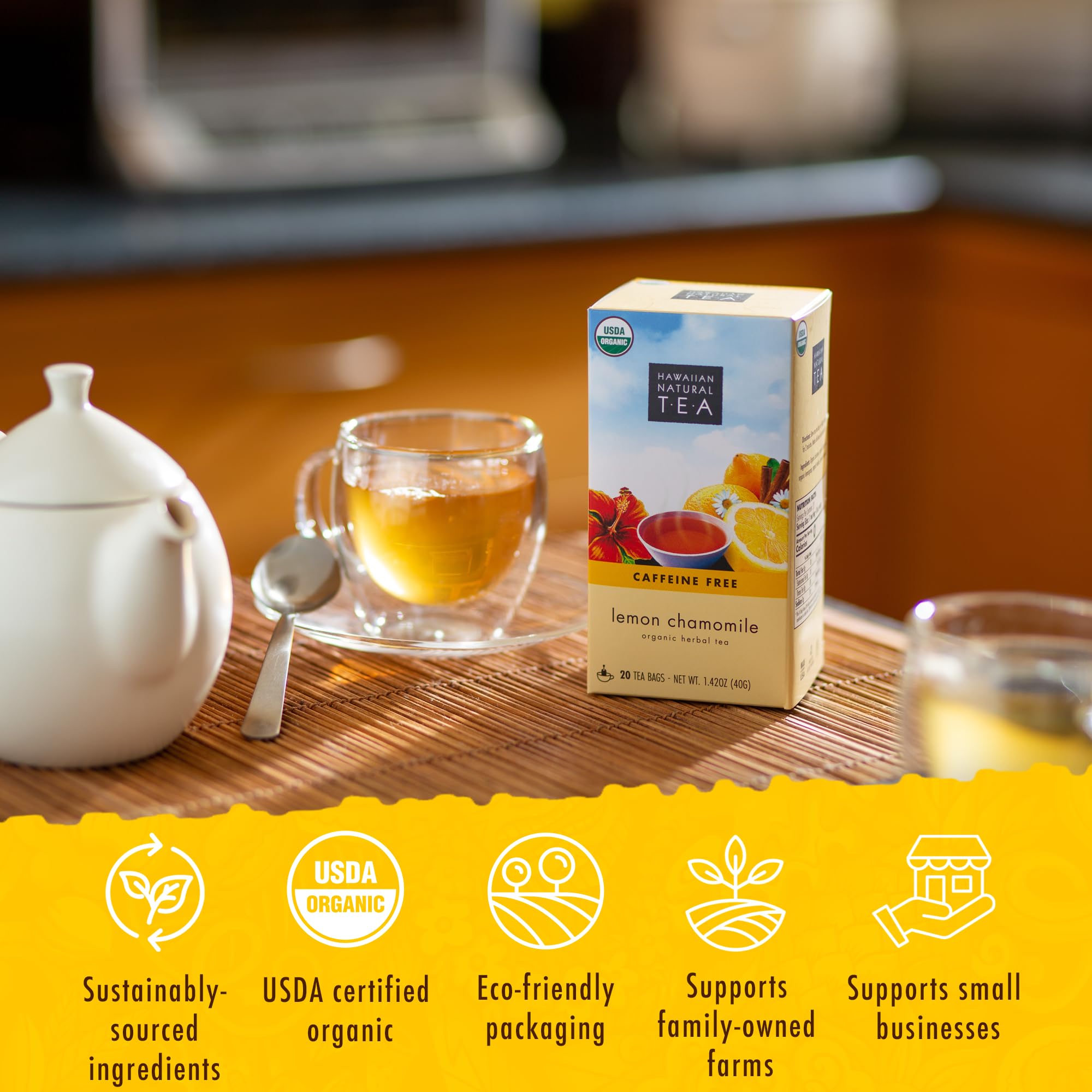 Steeping Hawaiian Natural T·E·A tea releases bright lemon and chamomile aroma.