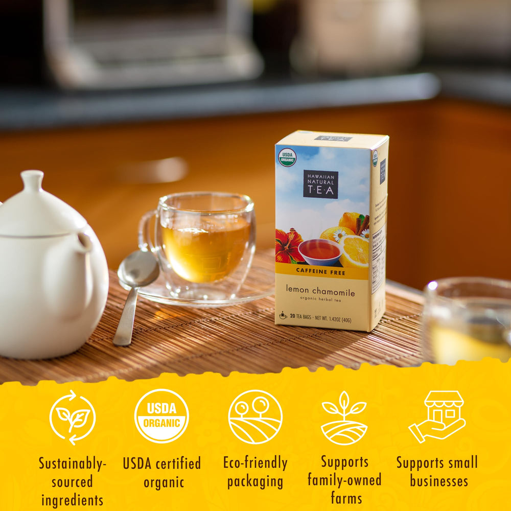 Steeping Hawaiian Natural T·E·A tea releases bright lemon and chamomile aroma.