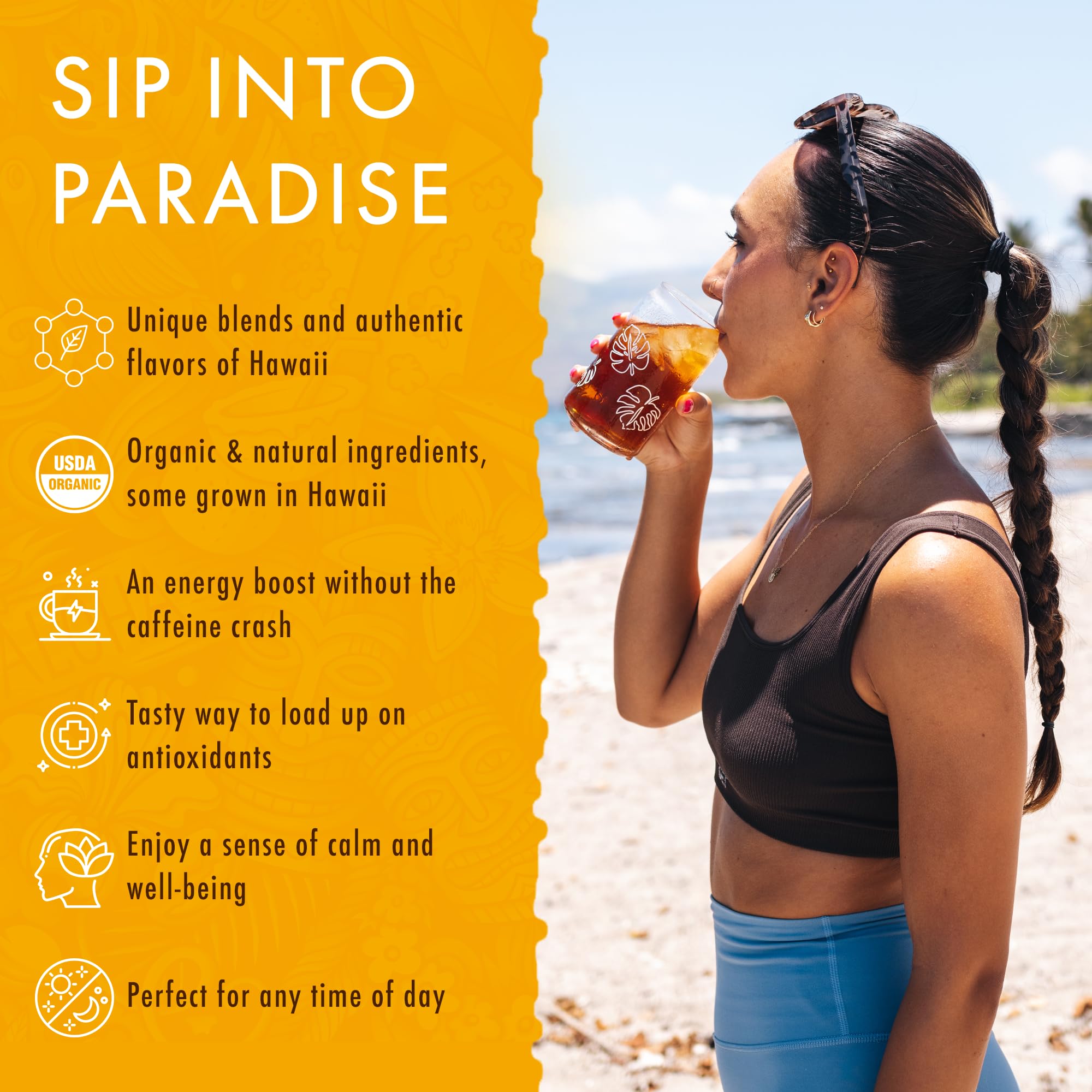 Hawaiian Natural T·E·A mango-peach tea bags close-up highlighting fresh ingredients.