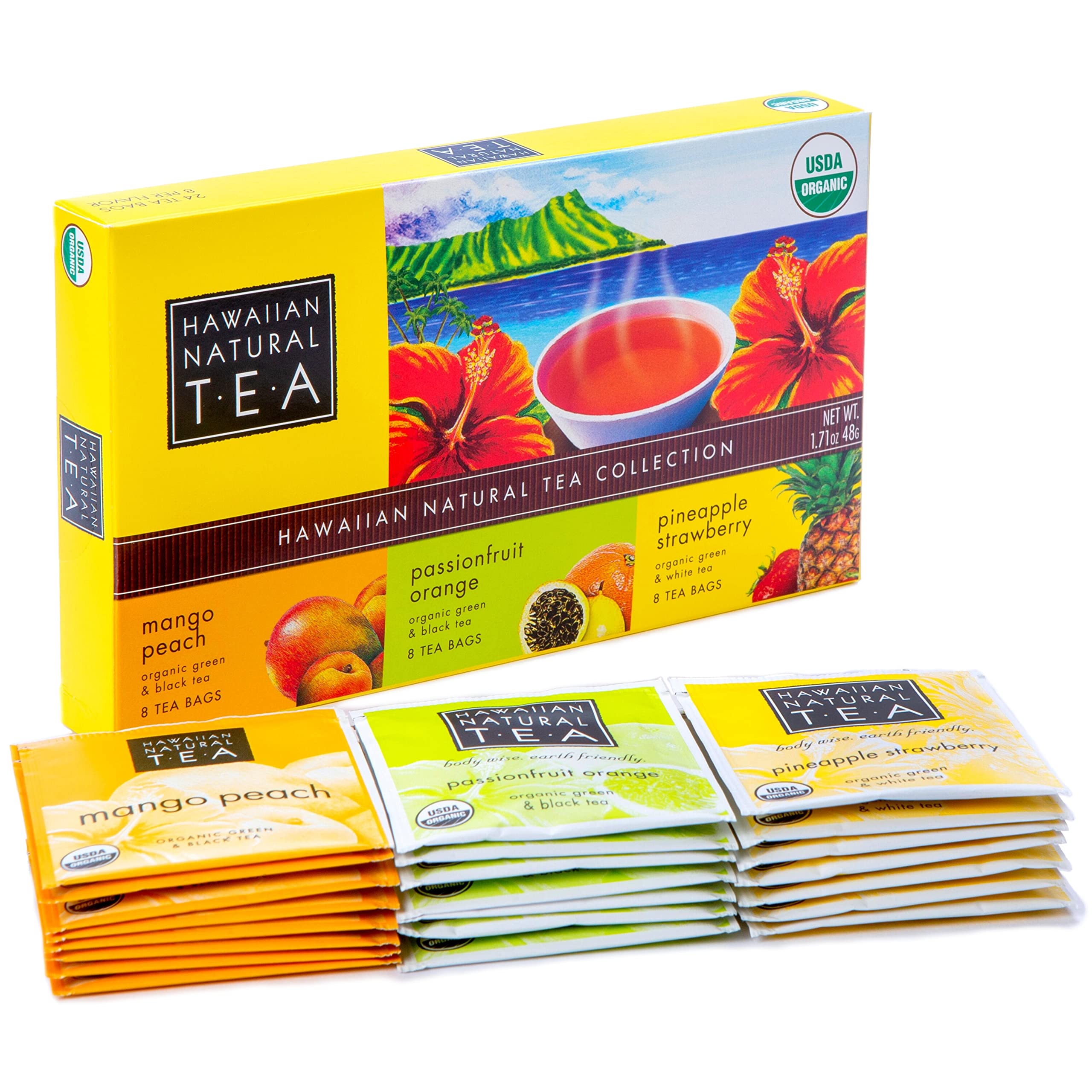Hawaiian Natural T·E·A tropical fruit sampler front view with gift-ready packaging.