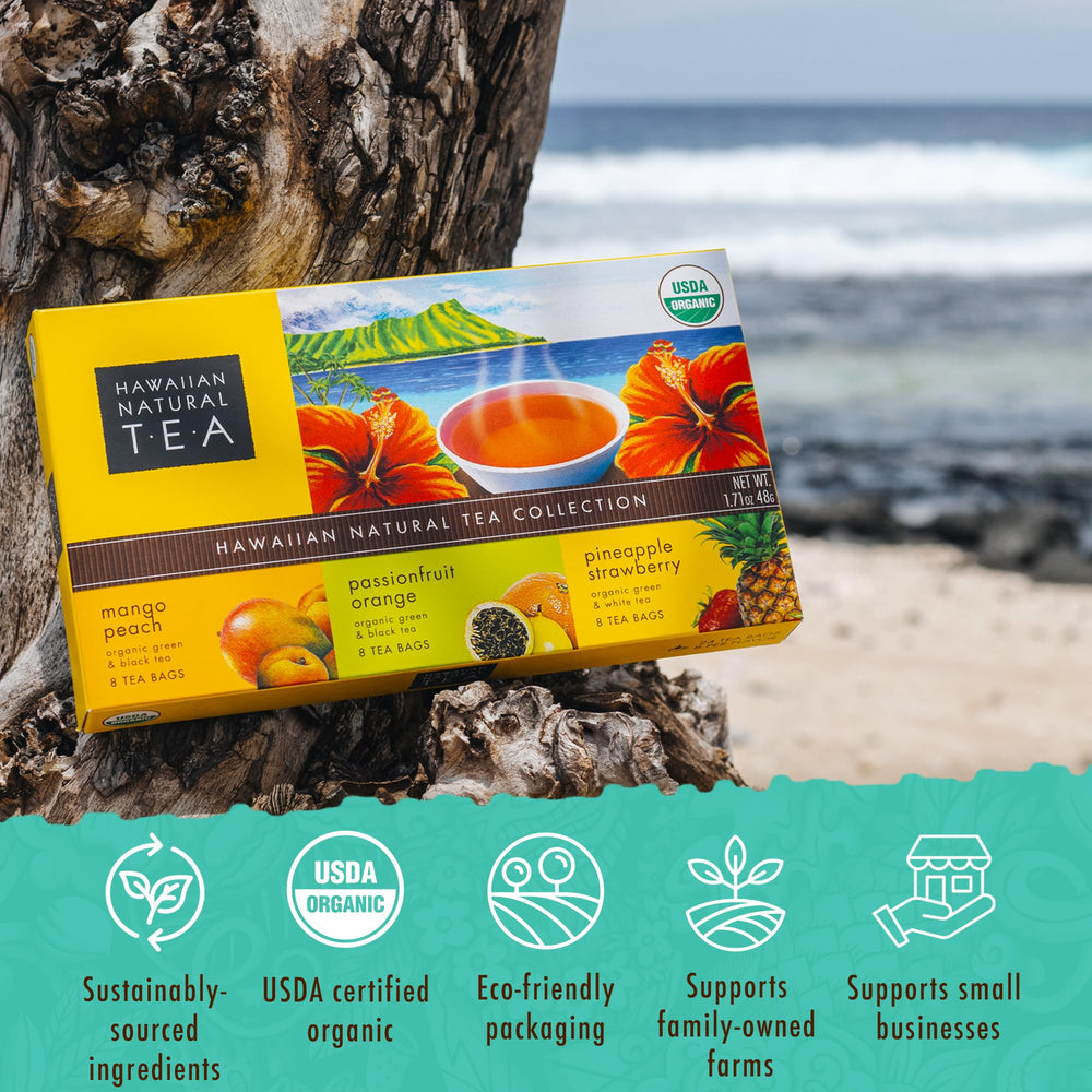 Hawaiian Natural T·E·A tropical fruit sampler variety display with green, black, and white teas.