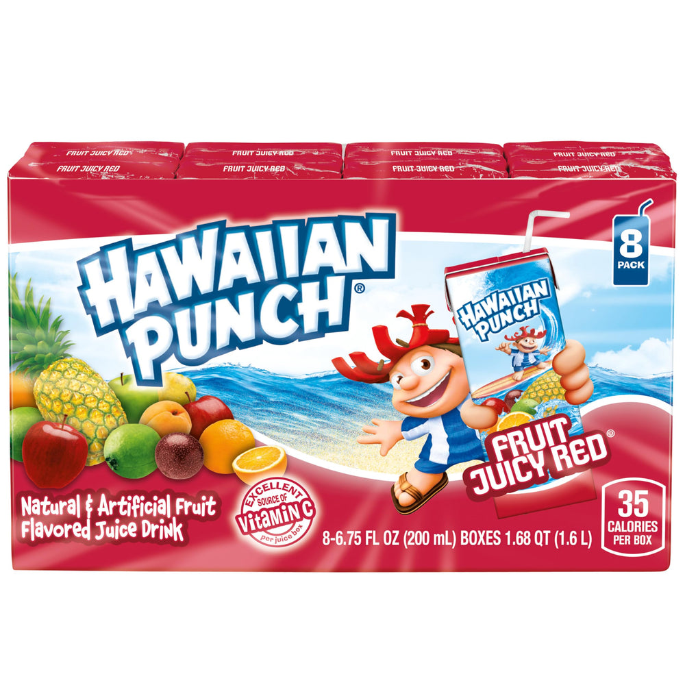 Close-up of Hawaiian Punch colorful label showcases playful fruit branding.