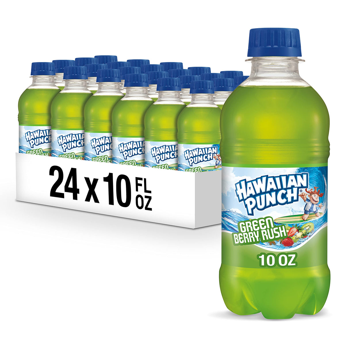 Hawaiian Punch Green Berry Rush bottle for on-the-go refreshment with tropical flavor.