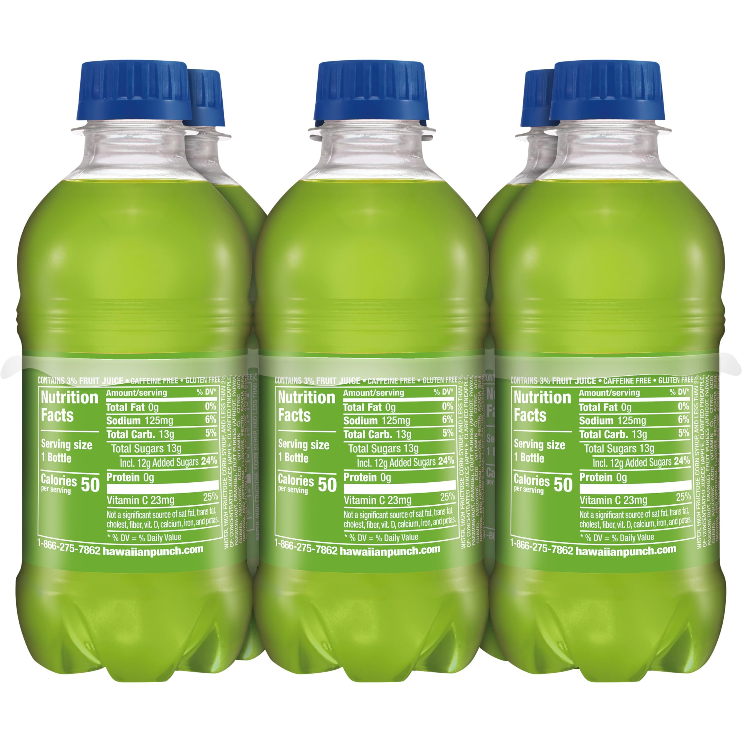 Hawaiian Punch Green Berry Rush, caffeine-free and gluten-free.
