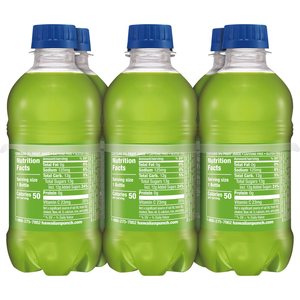 Hawaiian Punch Green Berry Rush, caffeine-free and gluten-free.