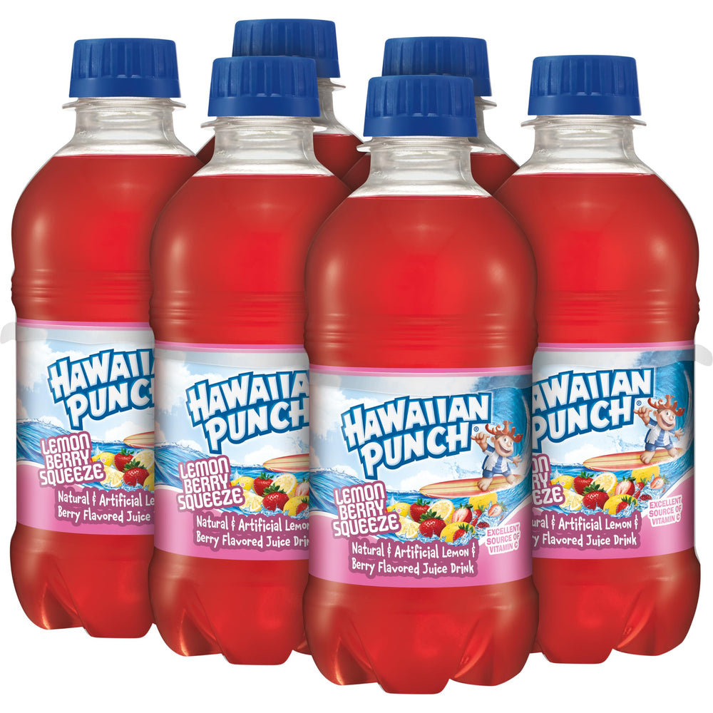 Hawaiian Punch Lemon Berry Squeeze bottle against tropical fruit backdrop.