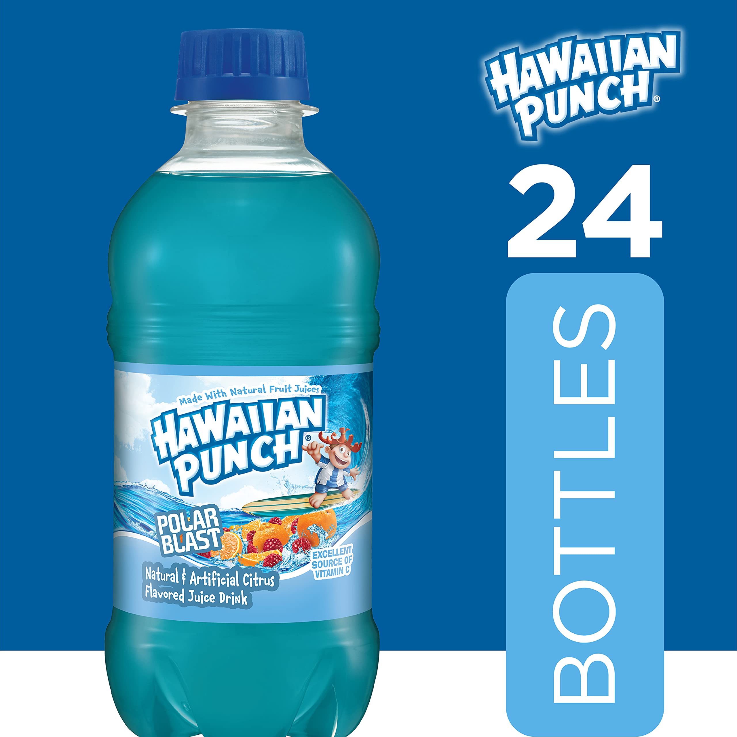 Hawaiian Punch Polar Blast bottle back highlighting gluten-free and caffeine-free notes.