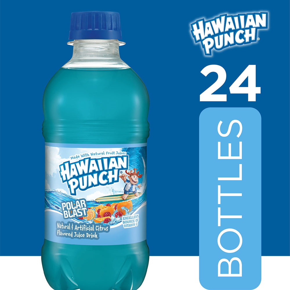 Hawaiian Punch Polar Blast bottle back highlighting gluten-free and caffeine-free notes.