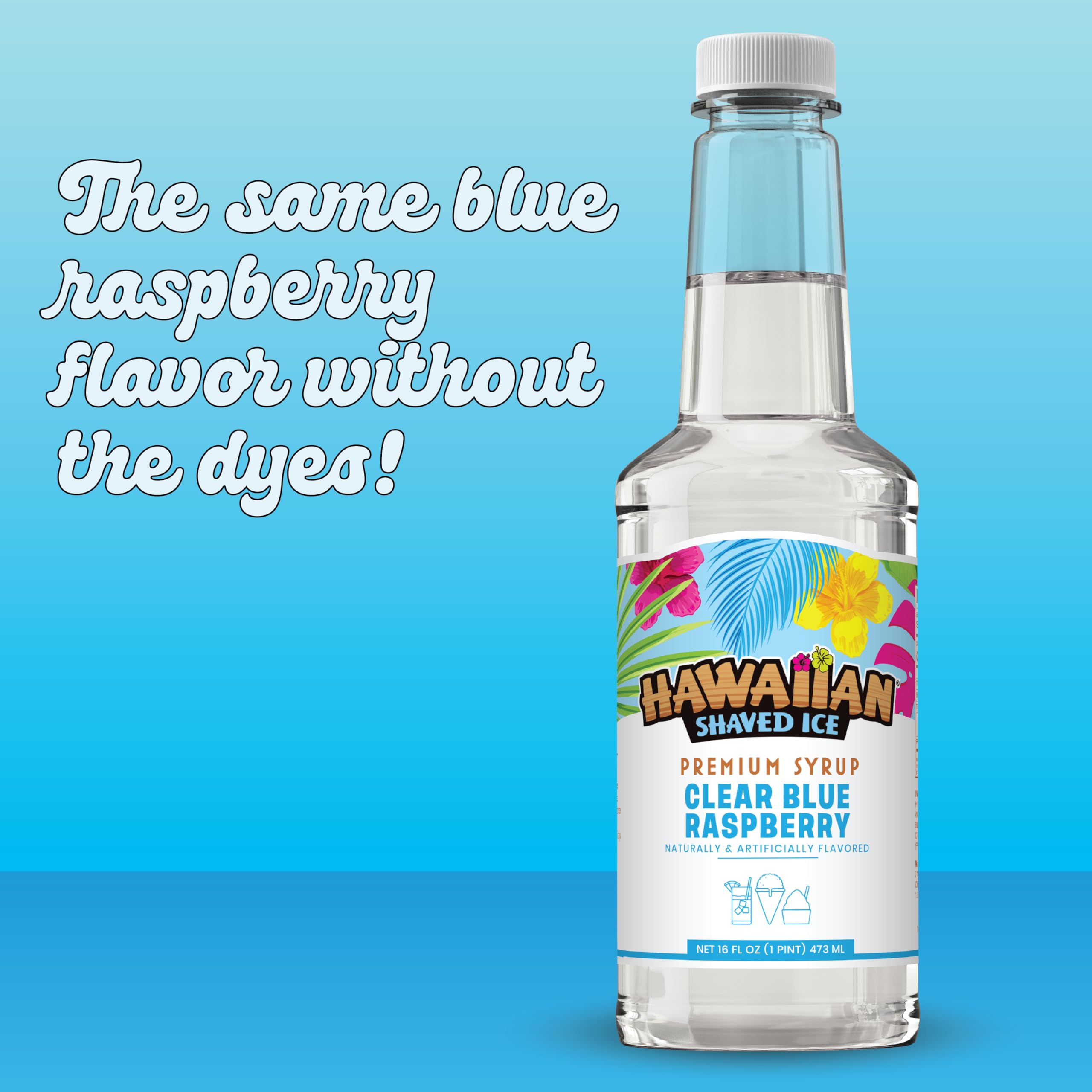 Hawaiian Shaved Ice 16 oz bottle label highlights allergen-friendly messaging.