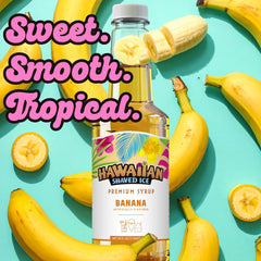 Hawaiian Shaved Ice banana syrup bottle with prepared snow cone setup for kids