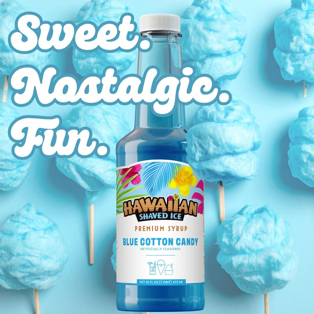 Pouring Hawaiian Shaved Ice blue cotton candy syrup onto shaved ice