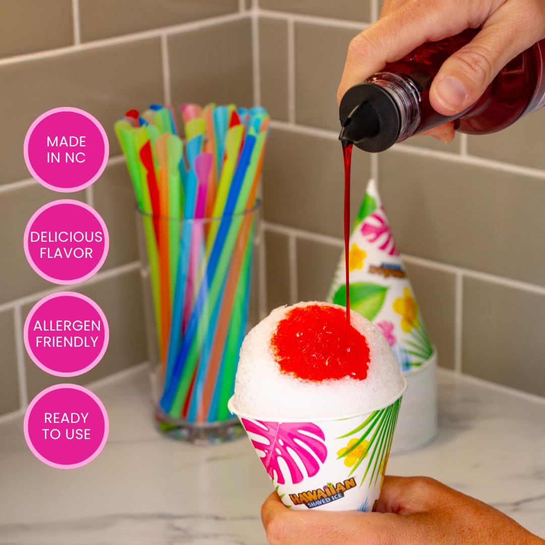 Hawaiian Shaved Ice blue raspberry syrup pour adds tart sweetness.