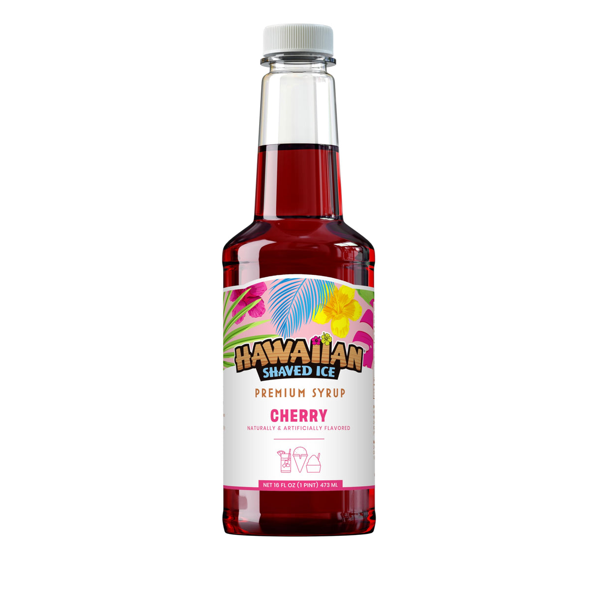 Hawaiian Shaved Ice Cherry Syrup bottle showing shelf-stable packaging for easy storage.