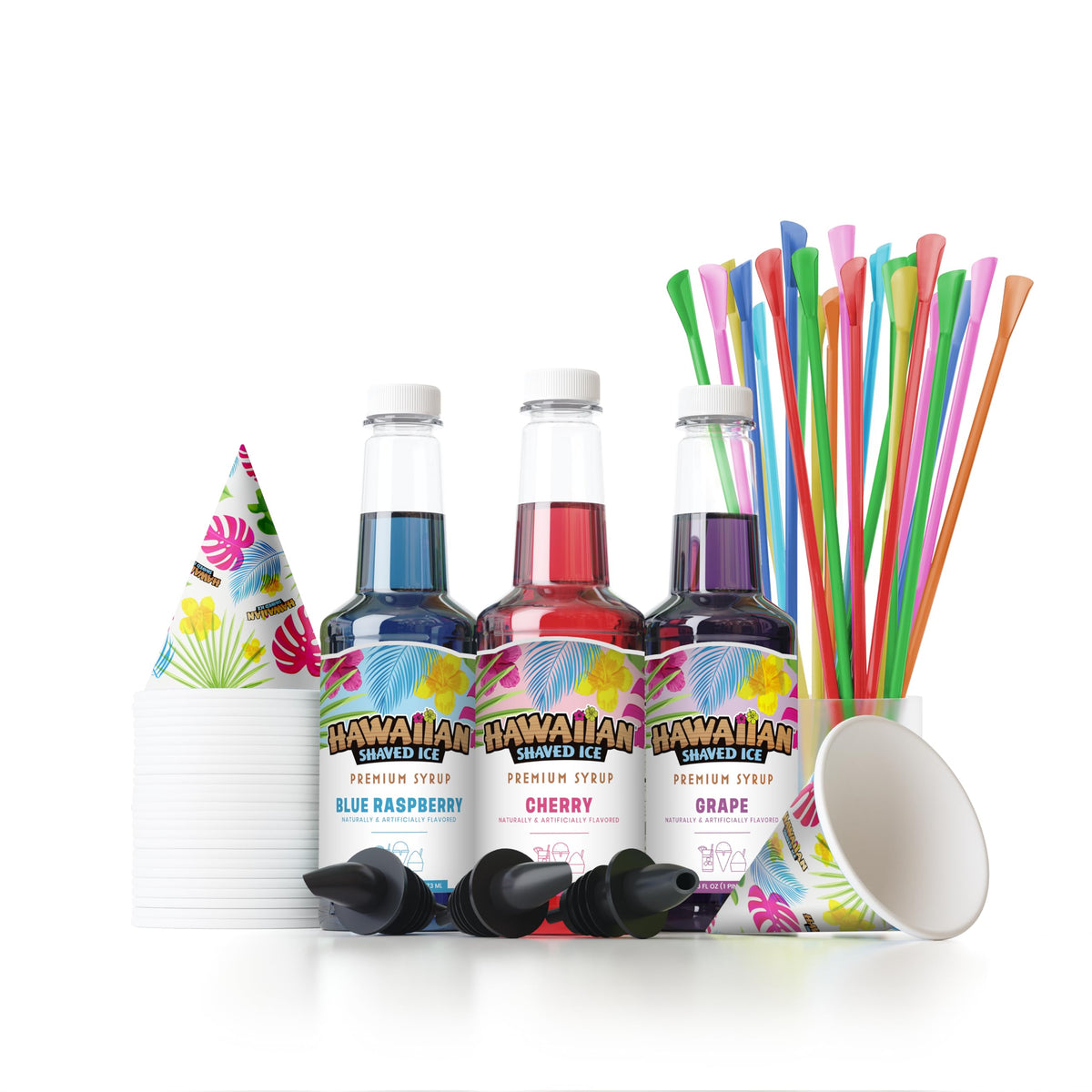 Hawaiian Shaved Ice cherry syrup pour for a vibrant snow cone.