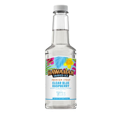 Hawaiian Shaved Ice Clear Blue Raspberry Syrup bottle ready for fluffy snow cones.
