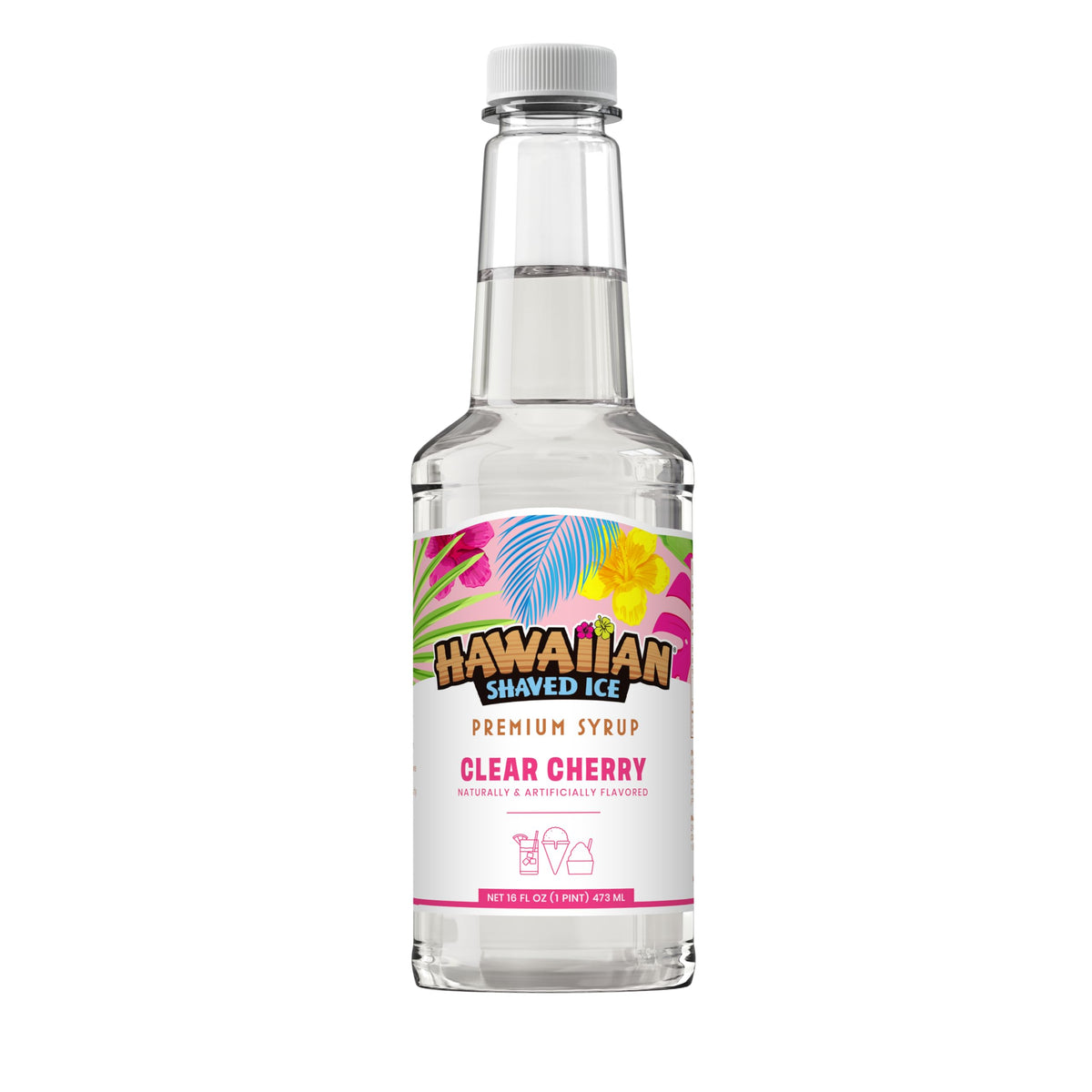 Hawaiian Shaved Ice Clear Cherry Syrup bottle ready to pour over fluffy snow cones