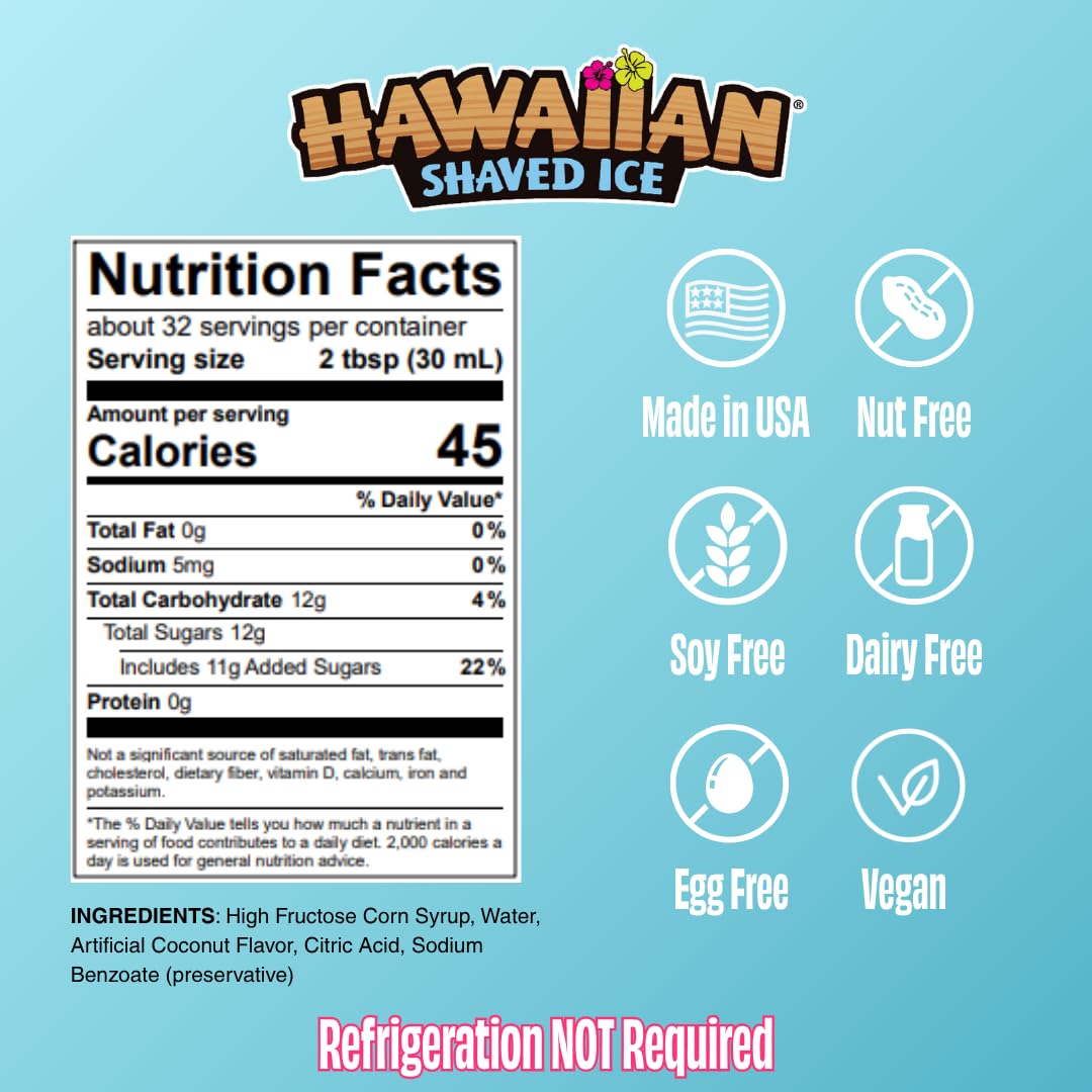Hawaiian Shaved Ice Coconut Syrup label close-up highlights allergen-free ingredients.
