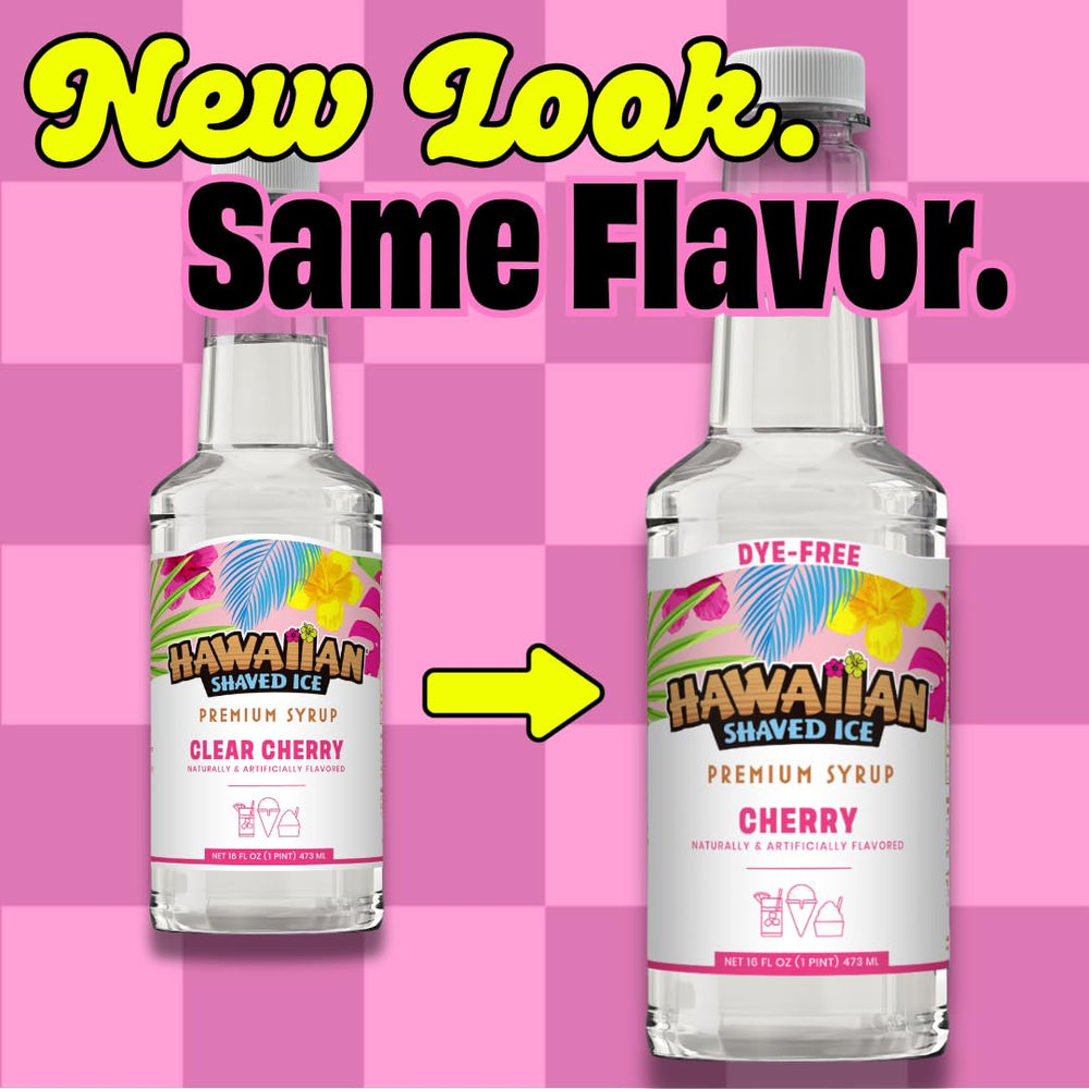 Hawaiian Shaved Ice Clear Cherry Syrup label highlights dye-free formula