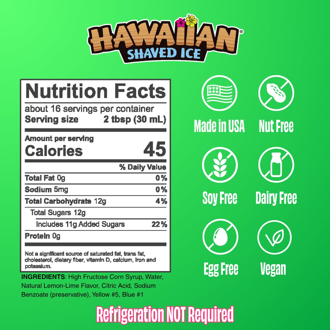 Hawaiian Shaved Ice Lemon-Lime Syrup pours smoothly for easy flavoring