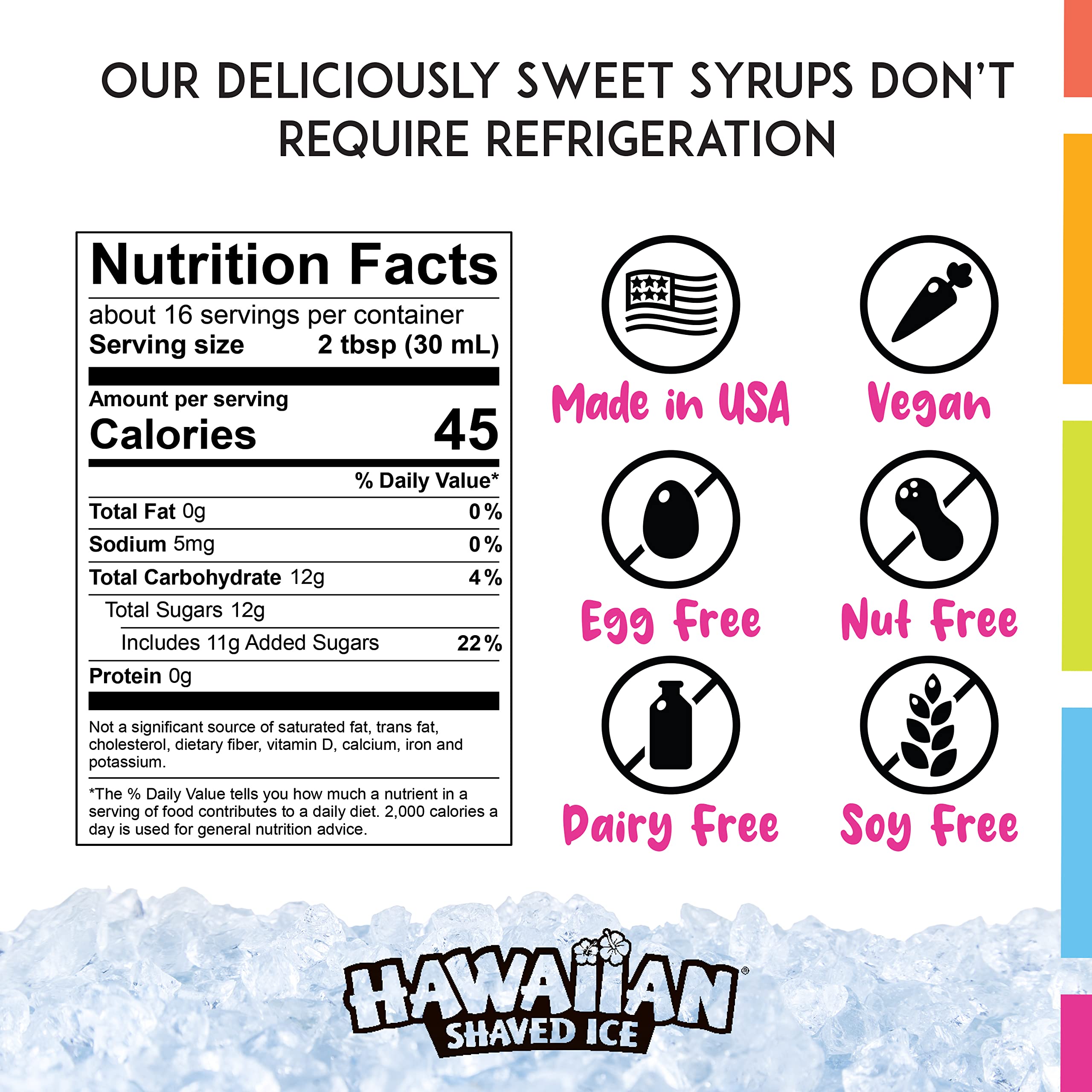Hawaiian Shaved Ice Mango Syrup labeled nut-free, dairy-free for allergy-friendly enjoyment.