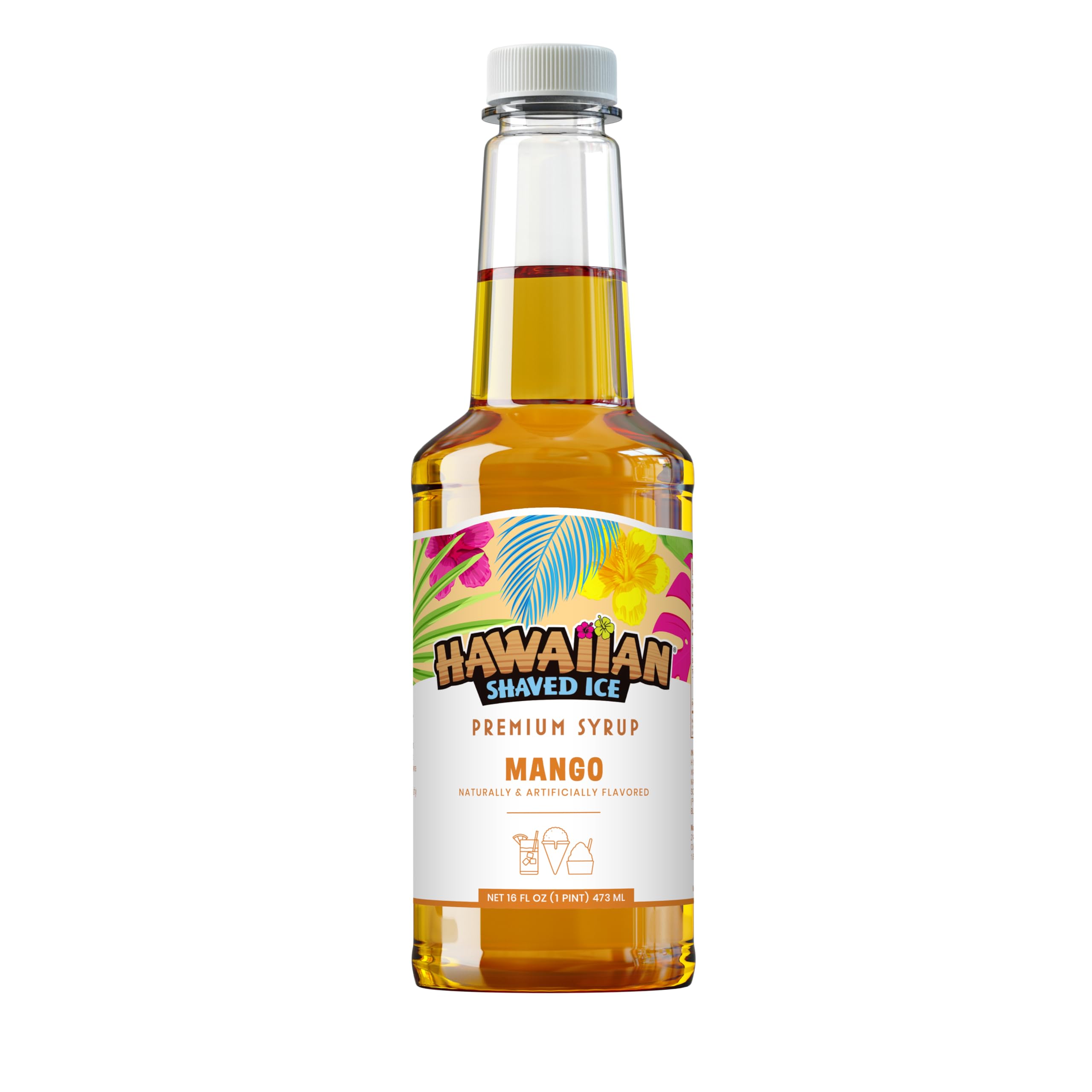 Hawaiian Shaved Ice Mango Syrup bottle for tropical snow cones and party treats.