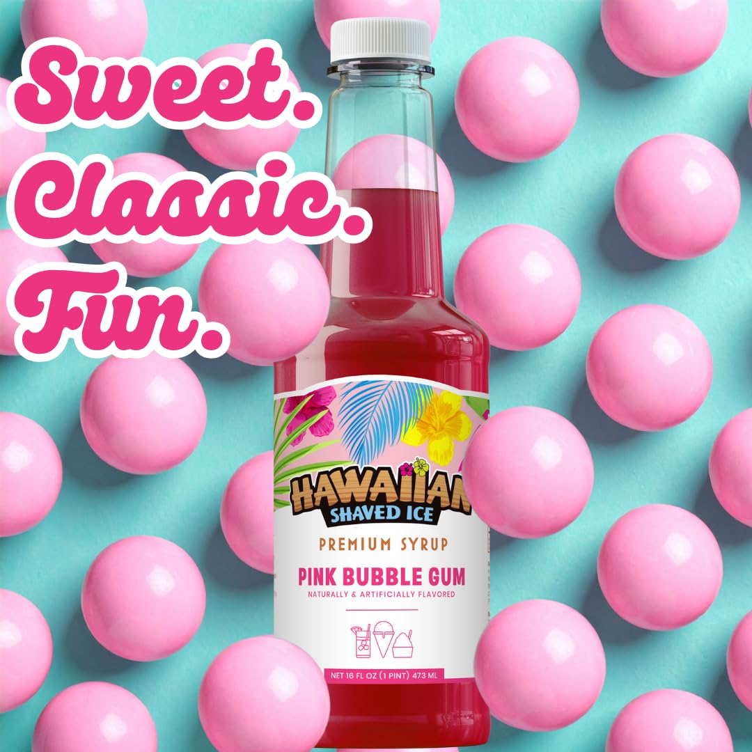 Hawaiian Shaved Ice Pink Bubble Gum syrup pour for drinks and desserts