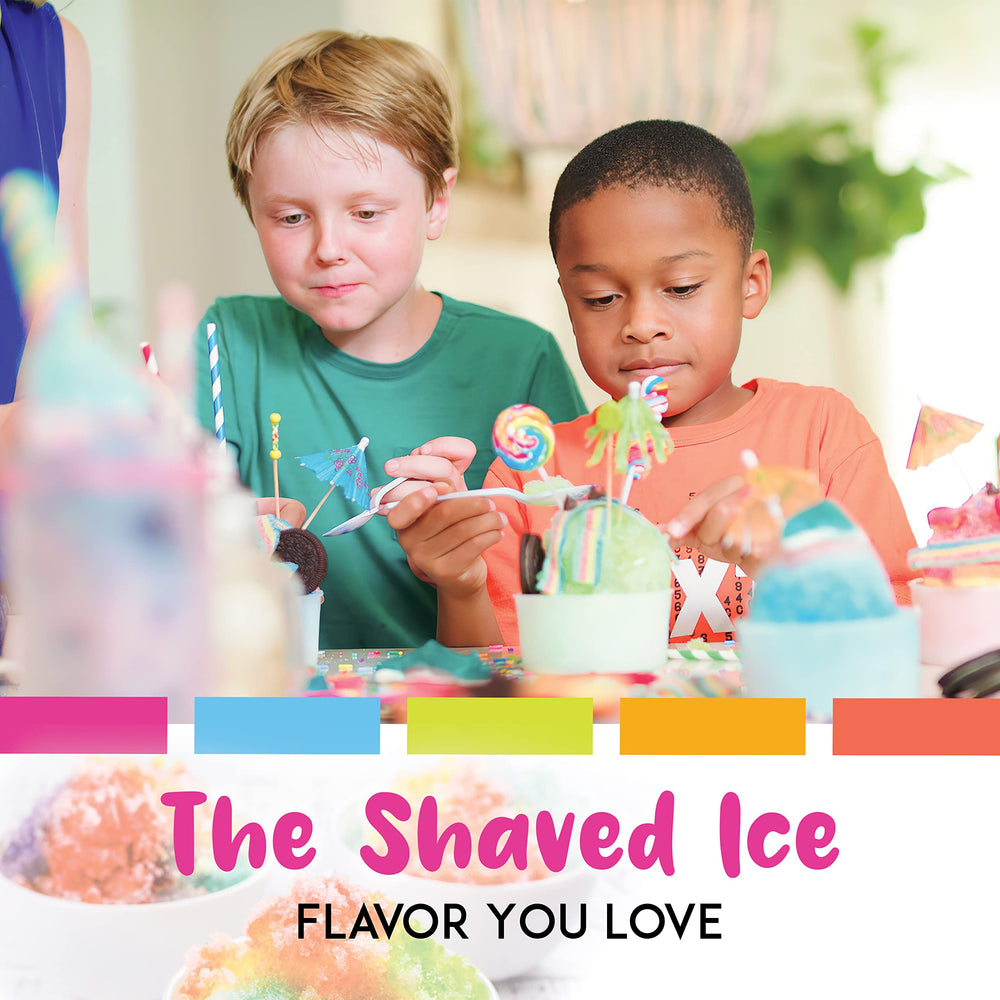 Hawaiian Shaved Ice syrup packaging display shows three-flavor assortment.