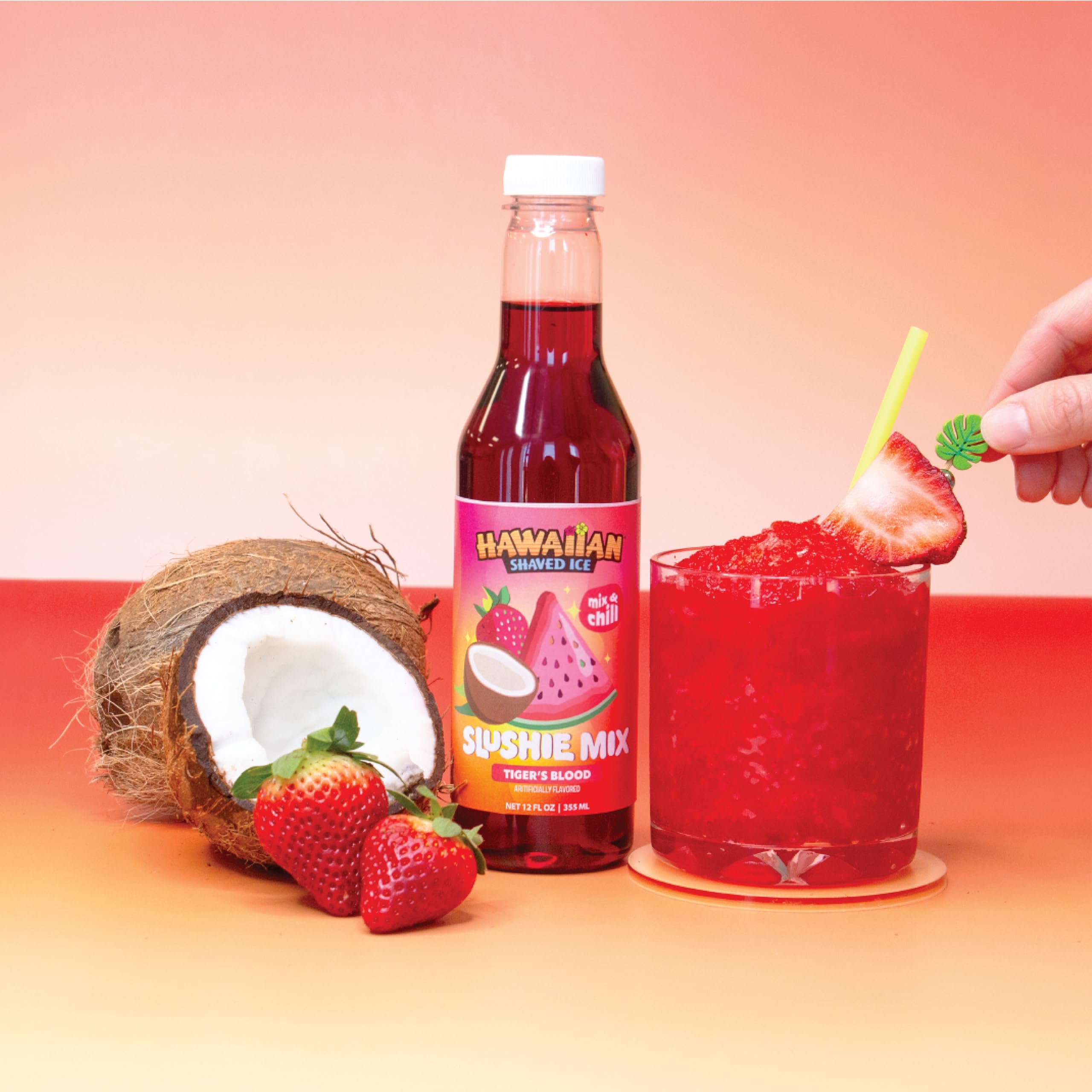 Hawaiian Shaved Ice Tiger's Blood mix bottle close-up highlighting tropical flavor blend