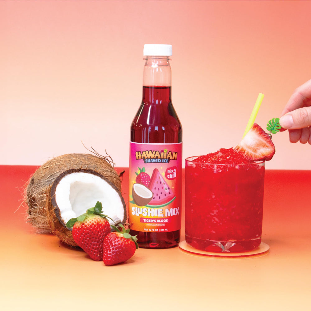 Hawaiian Shaved Ice Tiger's Blood mix bottle close-up highlighting tropical flavor blend