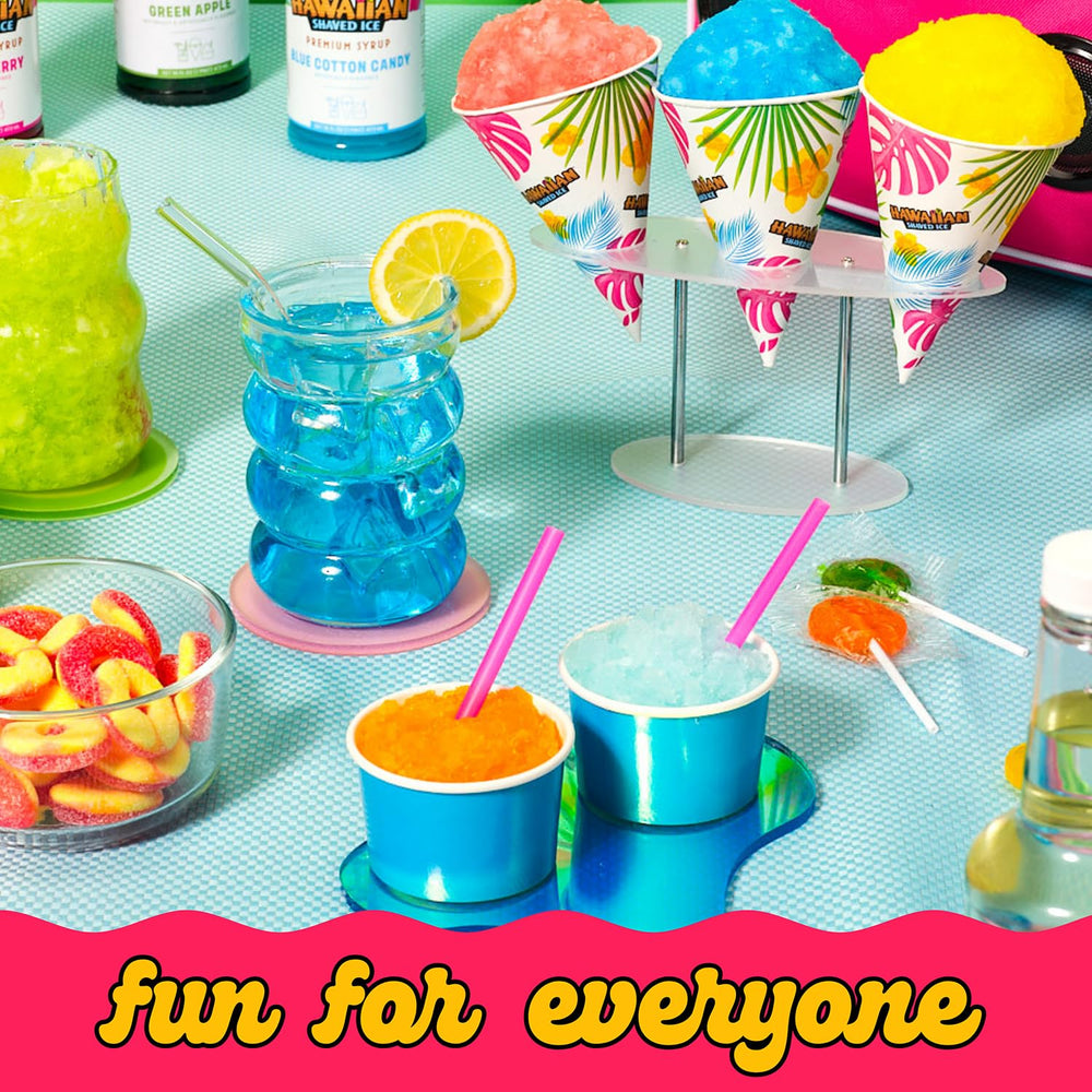 Party scene with guests enjoying bright Wedding Cake snow cones.