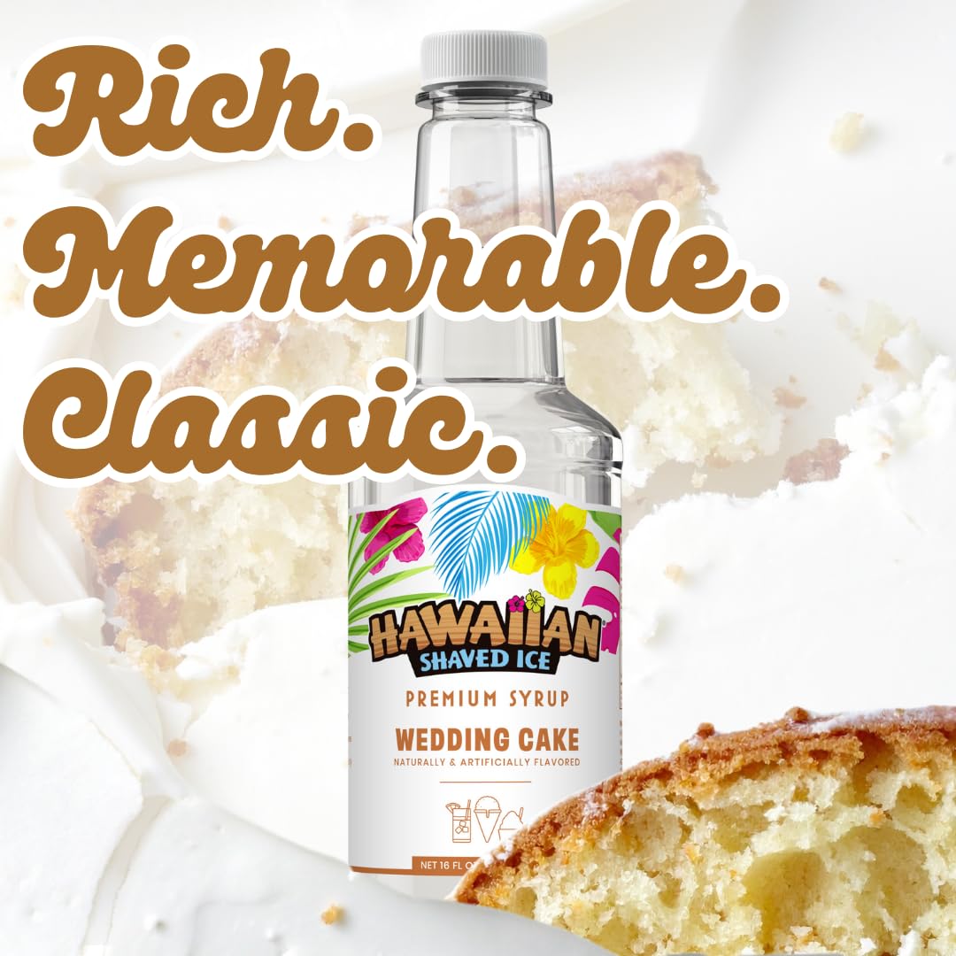 Eight snow cones made with Wedding Cake syrup for a festive party treat.