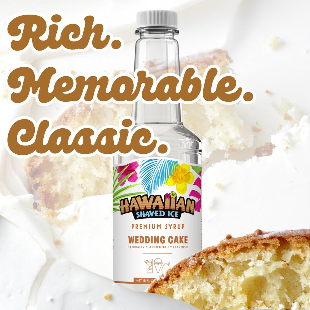 Eight snow cones made with Wedding Cake syrup for a festive party treat.