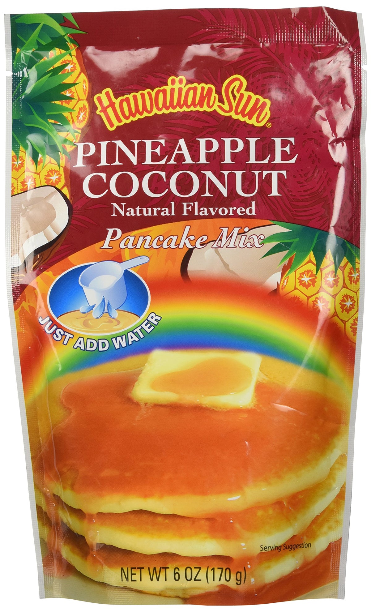 Hawaiian Sun Pineapple Coconut Pancake Mix packaging on a kitchen counter for quick island breakfasts.