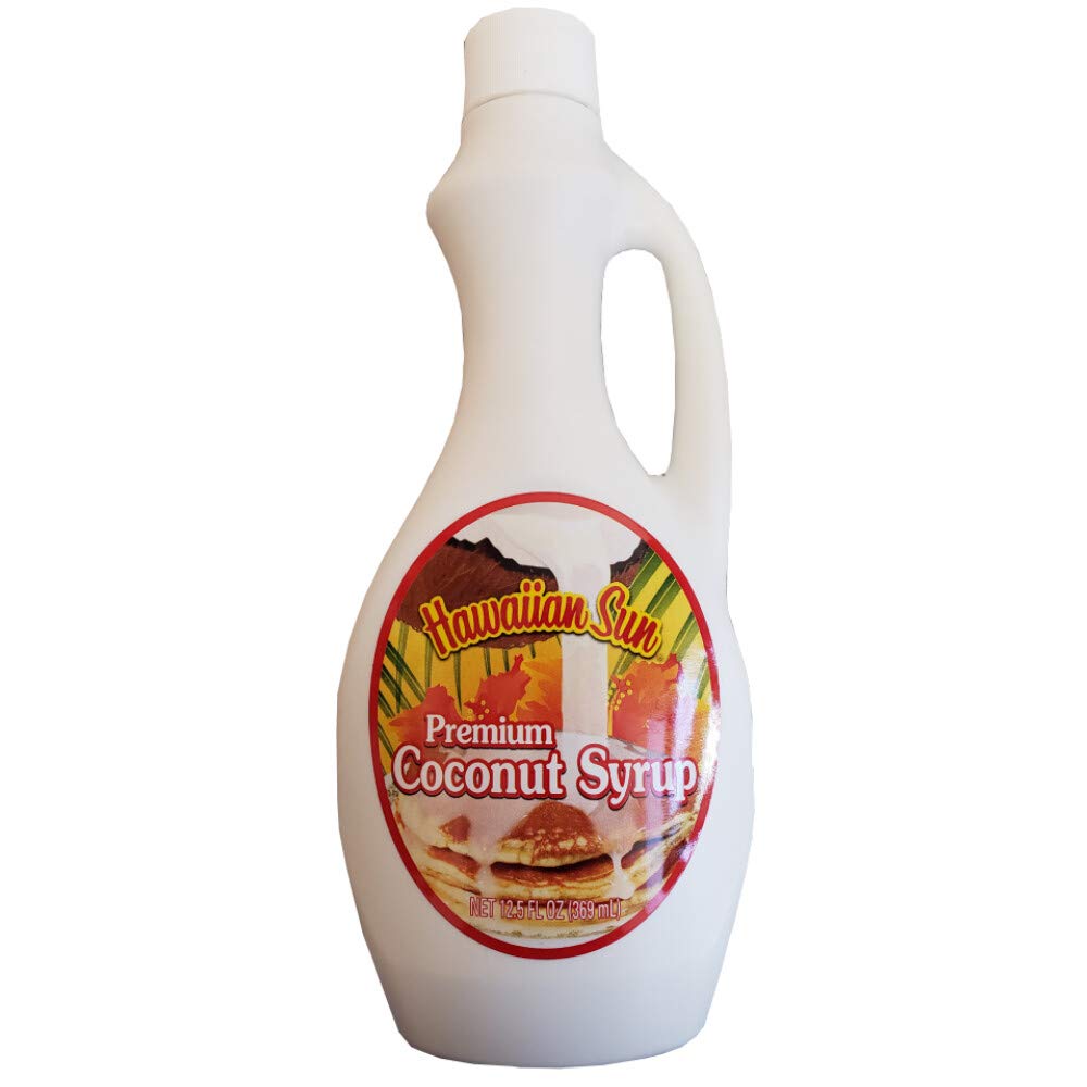 Hawaiian Sun Premium Coconut Syrup bottle showcases rich coconut flavor for pancakes.