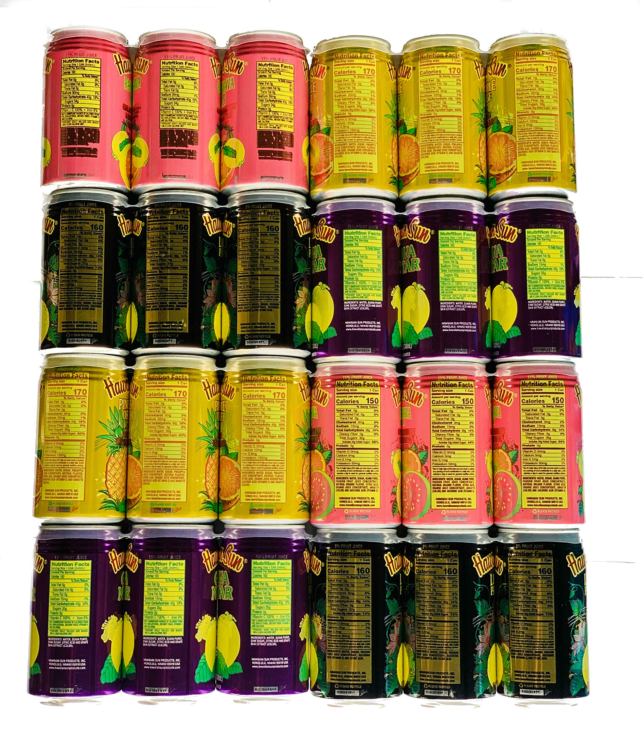 Hawaiian Sun tropical drinks closeup highlights Pass-O-Guava, Pineapple-Orange, Lilikoi, and Guava flavor options