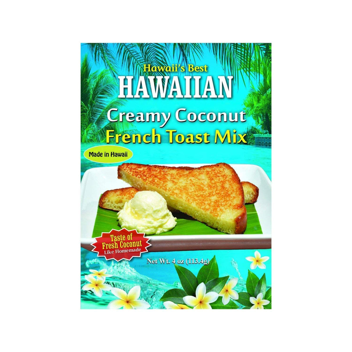 Hawaii's Best creamy coconut French toast mix package on a kitchen counter for tropical breakfast inspiration.