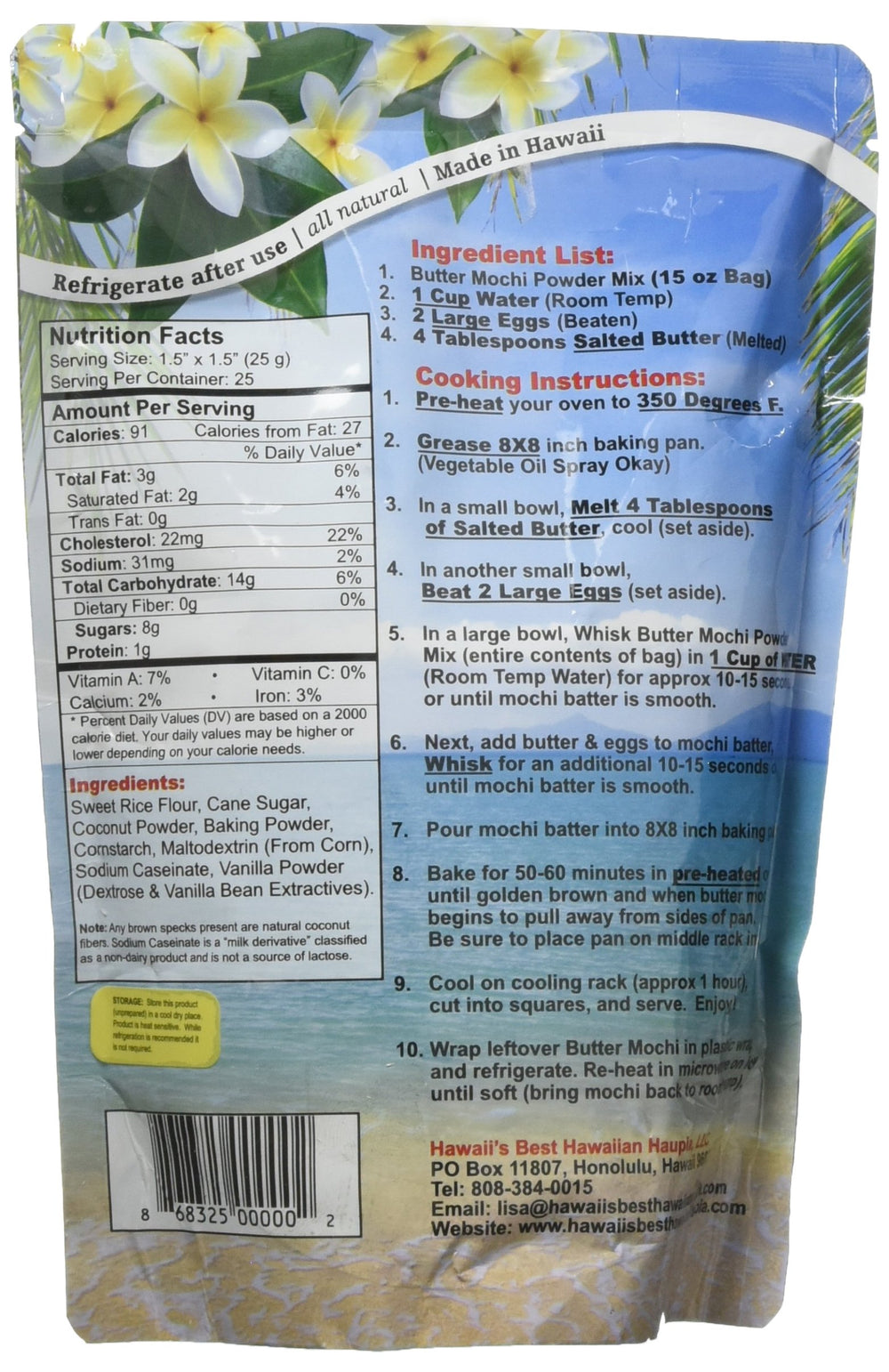 Hawaii's Best Mochi mix dry pack close-up, showcasing premium ingredients ready to mix.