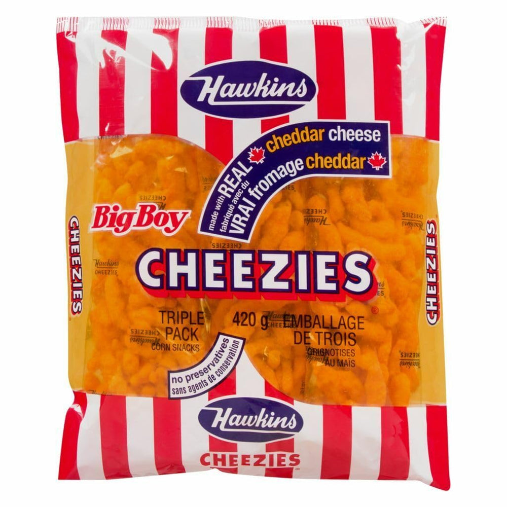 Hawkins Cheezies with real cheddar in a big boy triple-pack, perfect for on-the-go snacking